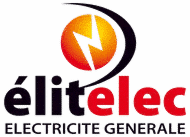 Logo élitelec Electricité Générale: éclair orange dynamique dans un cercle stylisé et sombre. Texte "élitelec" en noir et rouge, et "ELECTRICITE GENERALE" en dessous.