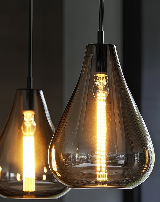 Deux suspensions modernes en verre fumé, éclairées par des ampoules LED à filament brillant.